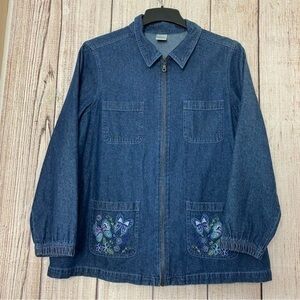 Blair Womens Chambray Denim butterfly embroidered full zip Sweaters size Large
